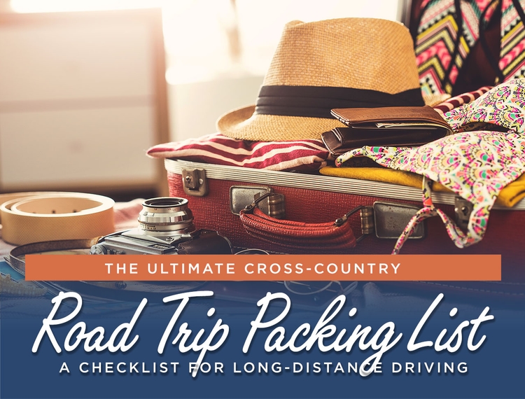 Travel concept photo of open packed suitcase with text reading The Ultimate Cross-Country Road Trip Packing List