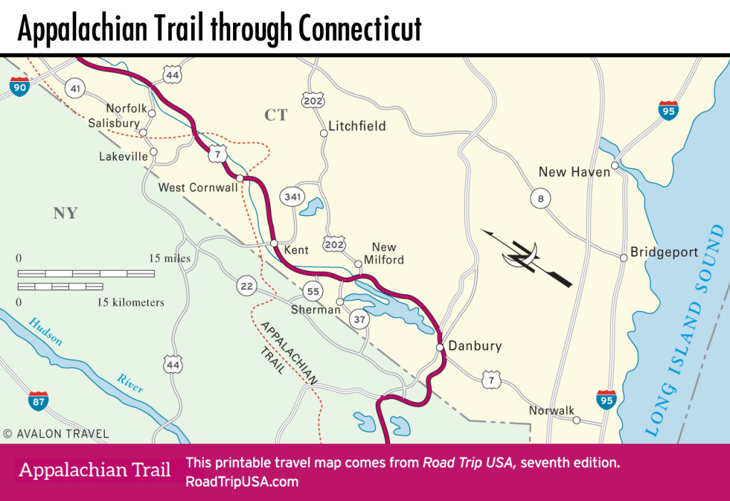 Map of Appalachian Trail through Connecticut.