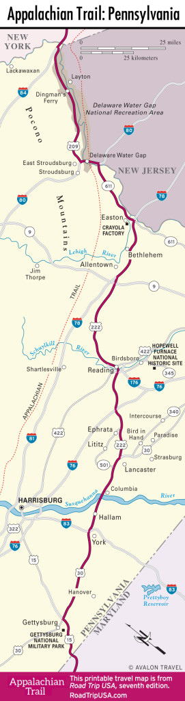 Map of Appalachian Trail road trip through Pennsylvania.
