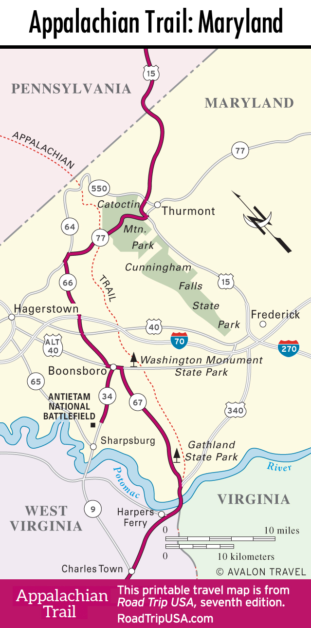 Map of Appalachian Trail through Maryland.