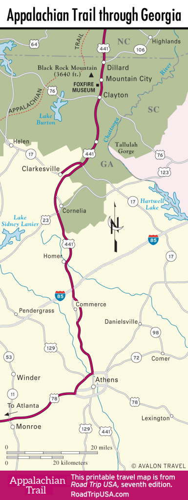 Map of Appalachian Trail through Georgia.