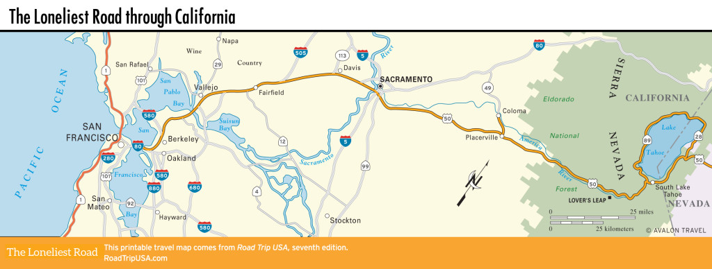 Map of the Loneliest Road US-50 through California.