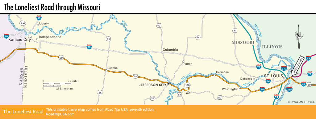 Map of the Loneliest Road through Missouri.