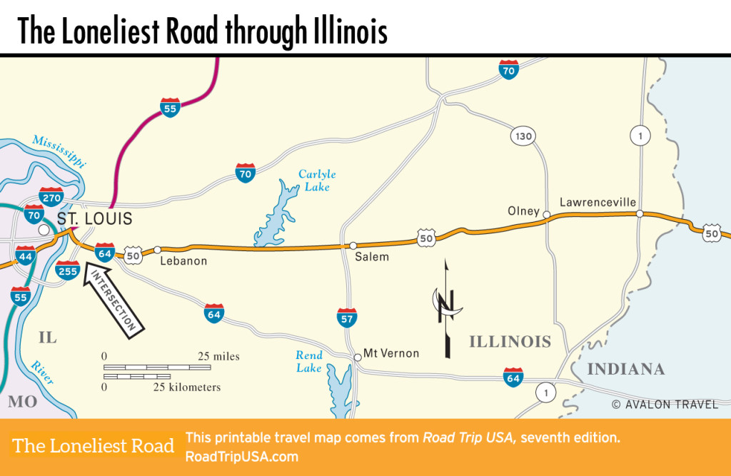 Map of the Loneliest Road through Illinois.