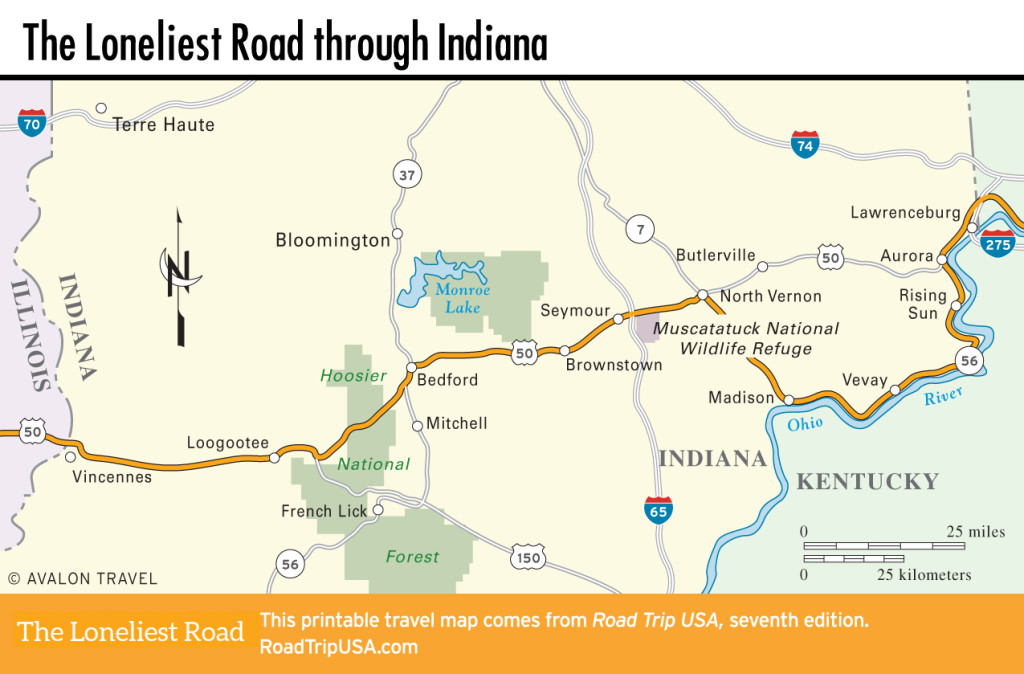 Map of the Loneliest Road through Indiana.