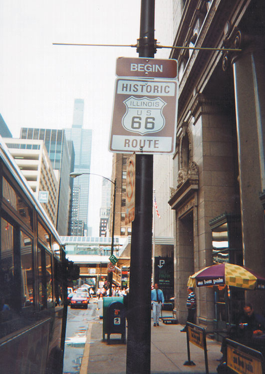 signpost on Adams St. in Chicago marking where Route 66 starts