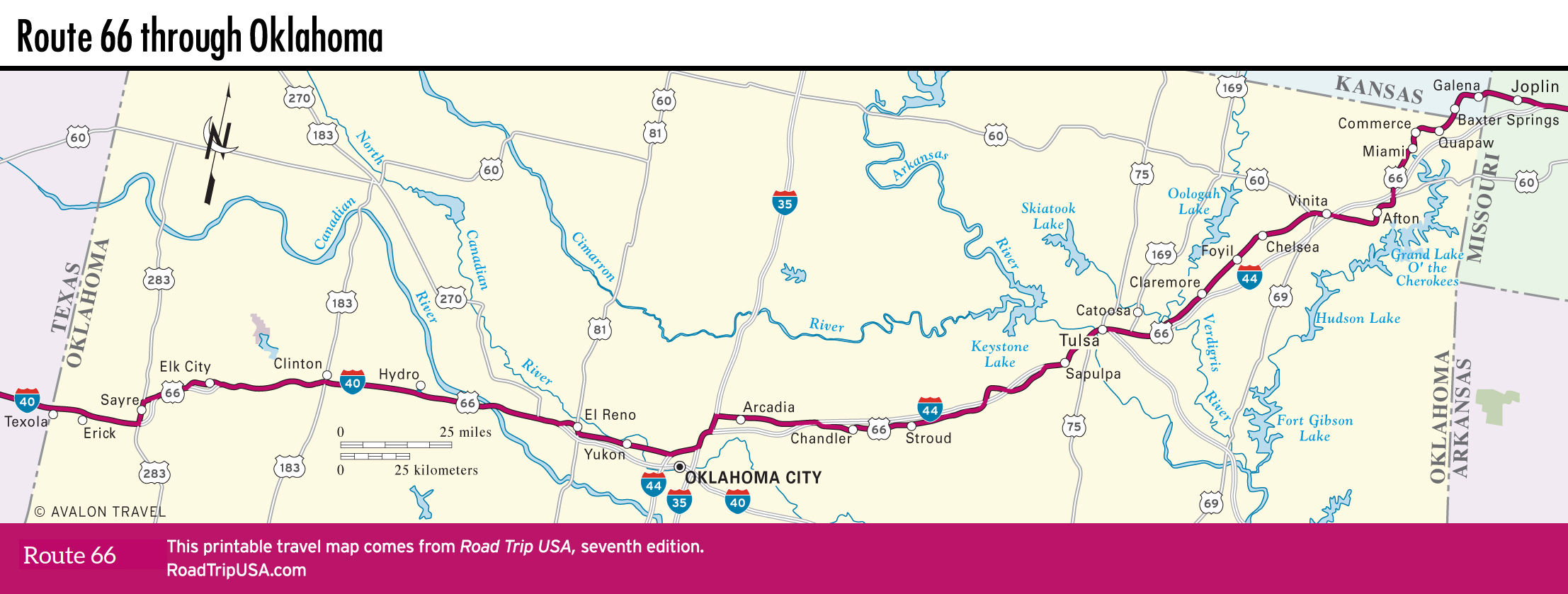 Map of Route 66 through Oklahoma.