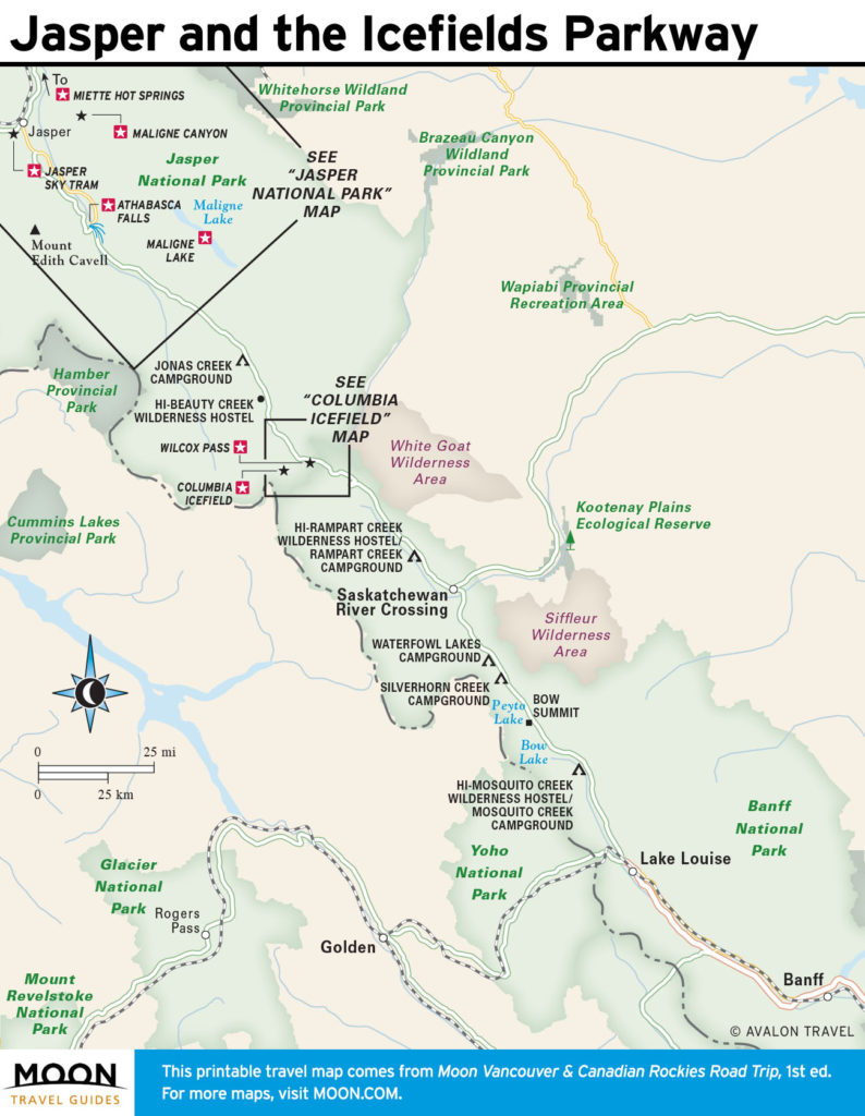 Travel map of Jasper and the Icefields Parkway