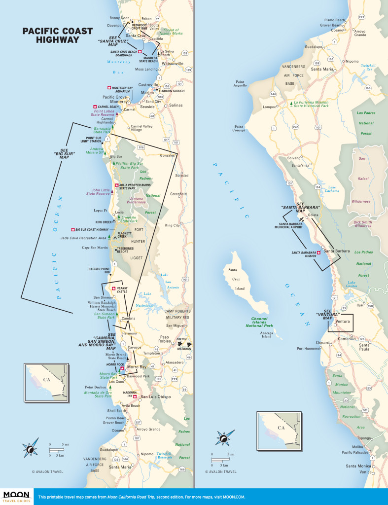 Travel map of the Pacific Coast Highway in California.