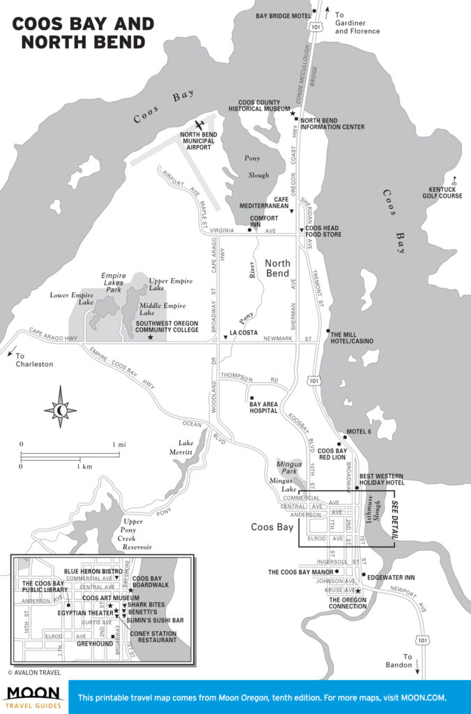 Travel map of Coos Bay and North Bend, OR