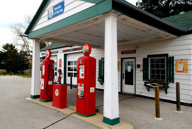 A classic filling station with red pumps in Dwight Illinois.