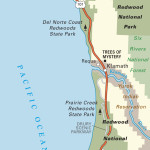 Map of Pacific Coast through Redwood National Park.