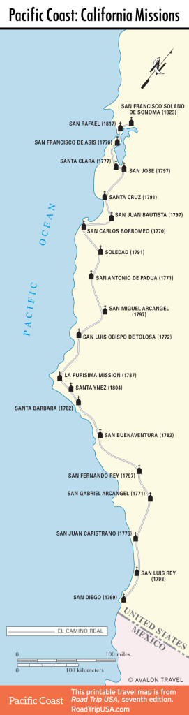 Travel map of California Missions