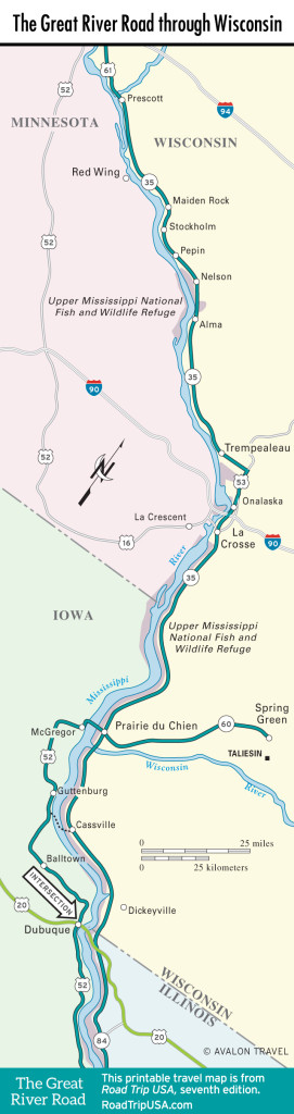 Map of the Great River Road through Wisconsin.