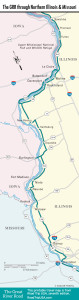 Map of the Great River Road through Northern Illinois, Iowa, and Missouri.