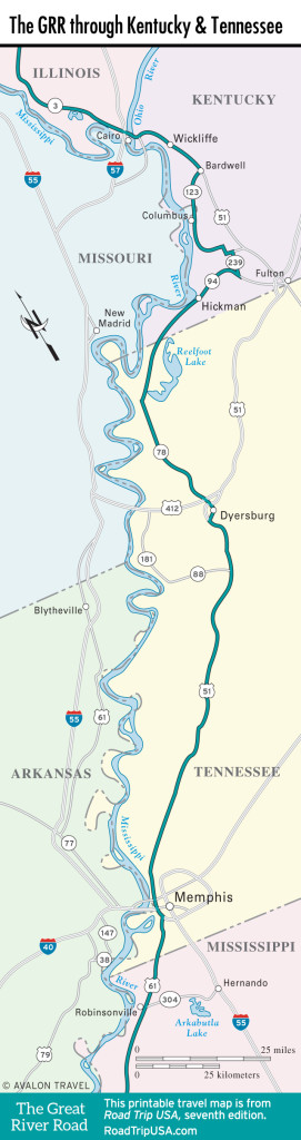 Map of the Great River Road through Kentucky and Tennessee.