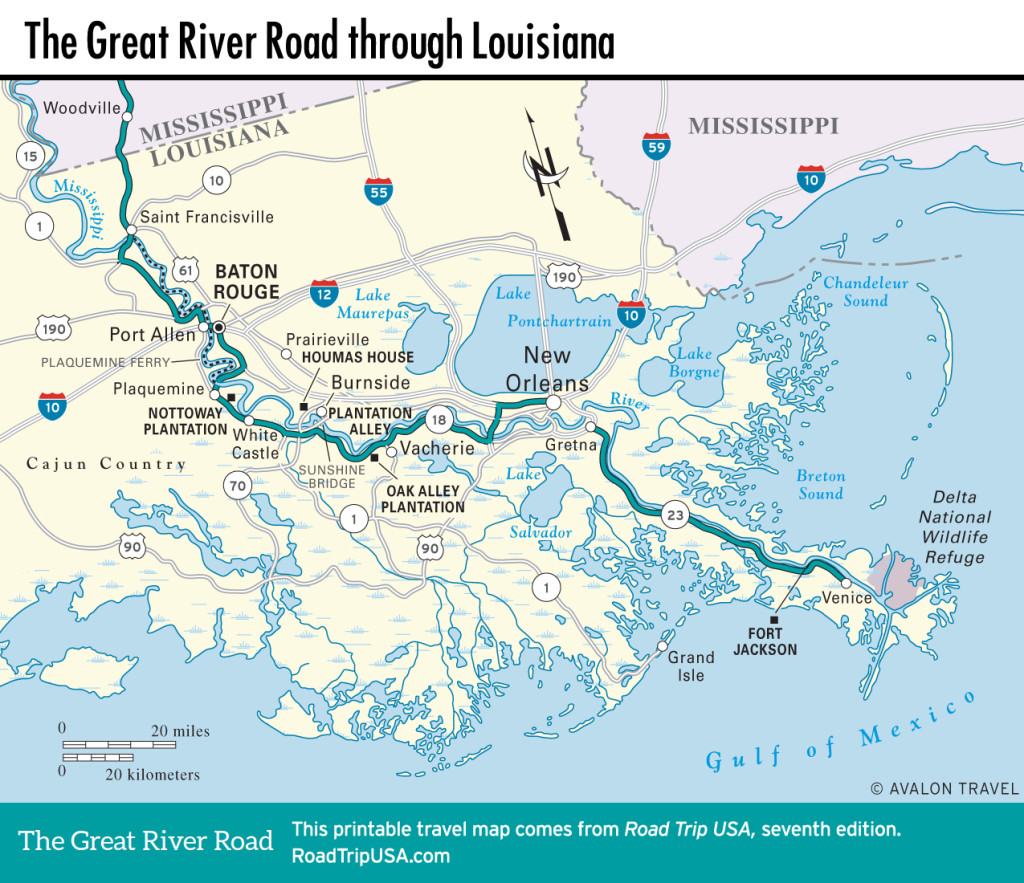 Map of the Great River Road through Louisiana.