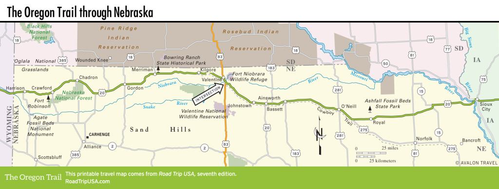 Map of the Oregon Trail through Nebraska.