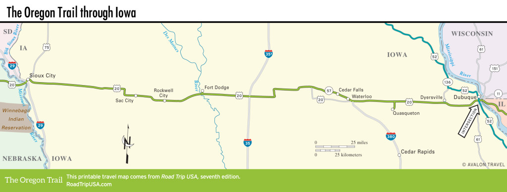 Map of the Oregon Trail through Iowa.