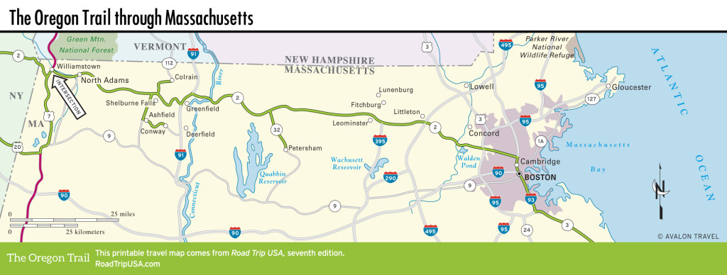 Map of the Oregon Trail for driving across Massachusetts.