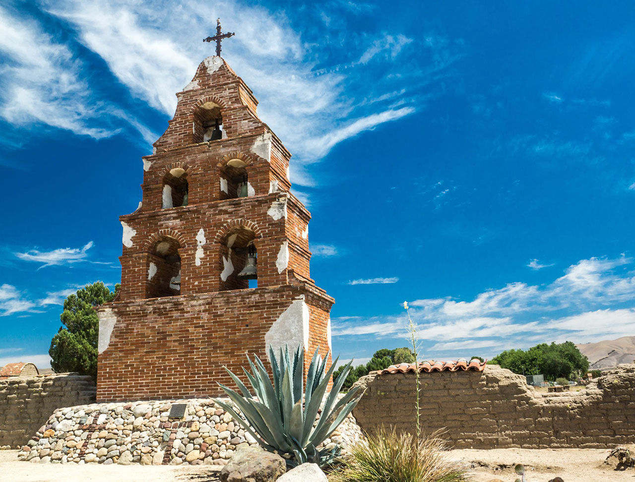 The remaining belltower at mission San Miguel Arcangel in California.