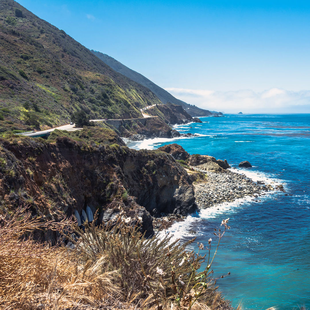 view of the two-lane Pacific Coast Highway stretch that zags along the coastline in Big Sur