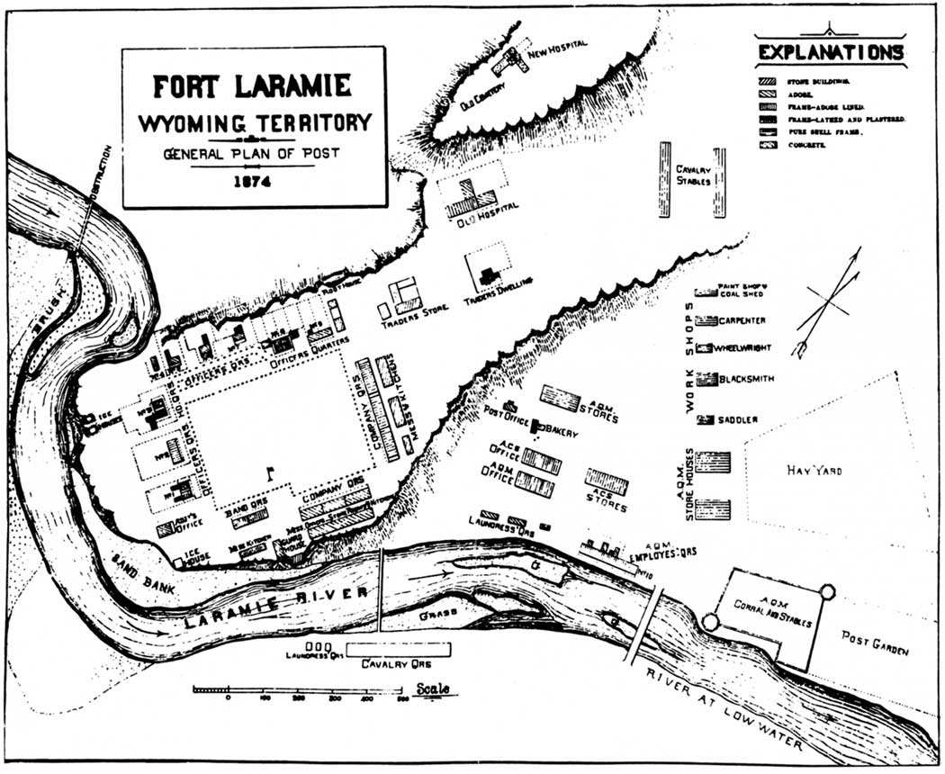 Line drawing of the 1874 plans of the original Fort Laramie in Wyoming.