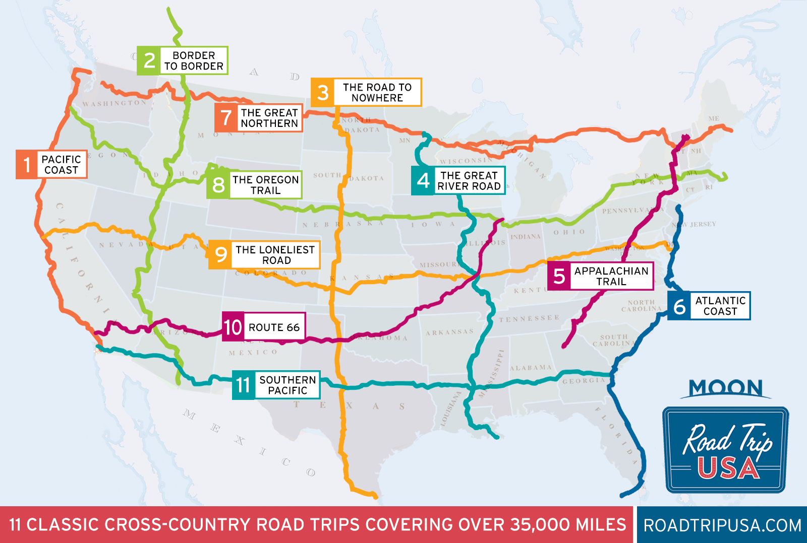 US map showing the 11 cross-country road trips on roadtripusa.com