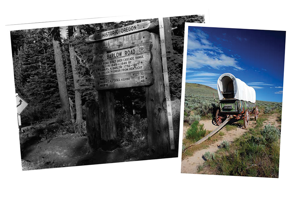 Historic photo of sign at the Barlow Rood and a wagon at the National Historic Oregon Trail Interpretive Center.