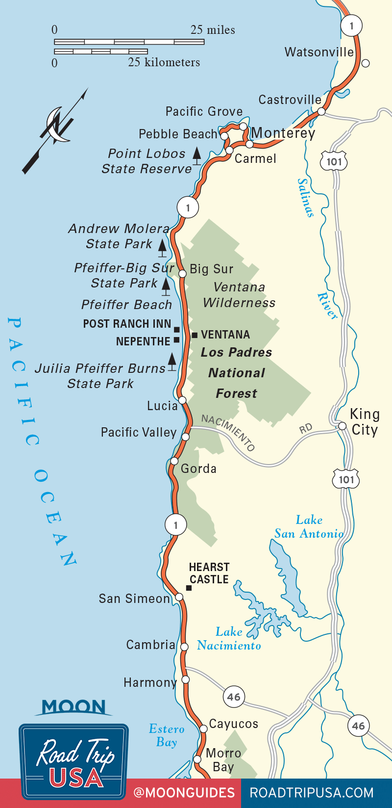 Road Trip USA Pacific Coast Highway map through Big Sur