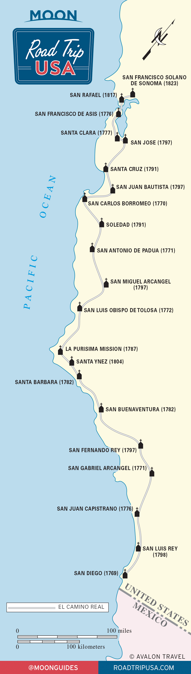 Historic El Camino Real Map with California Missions