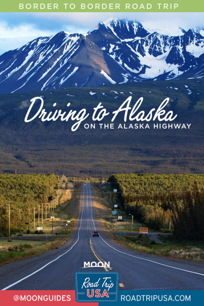 Road leading towards the mountains of Kluane National Park in Yukon with text Driving to Alaska on the Alaska Highway