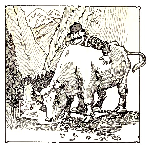 Pen and ink illustration of Paul Bunyan and Babe the Ox drinking from a stream.