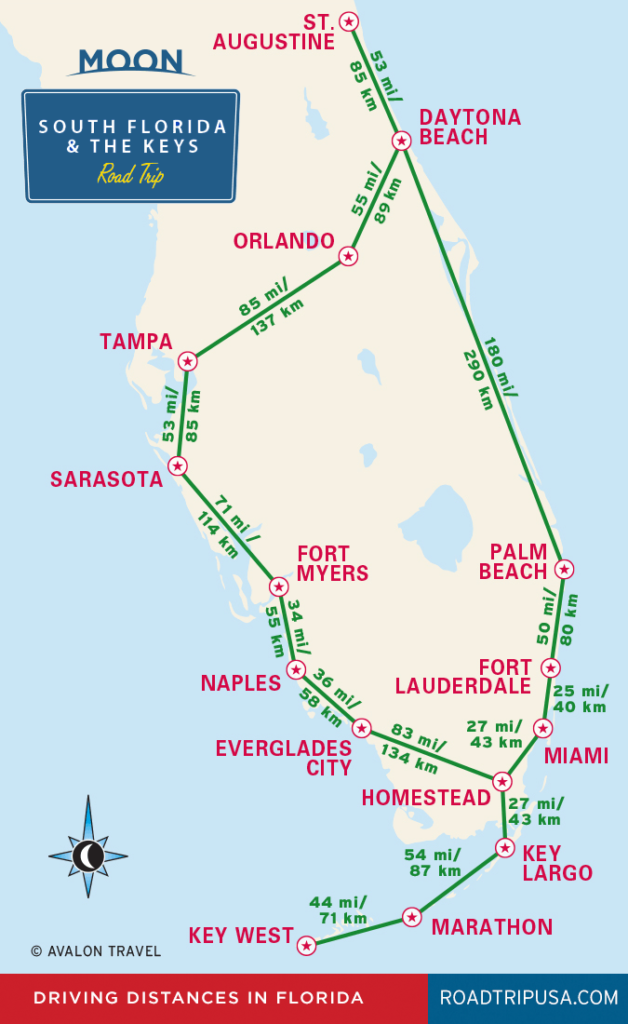 Driving distances in Florida travel map from Moon South Florida & the Keys Road Trip travel guide