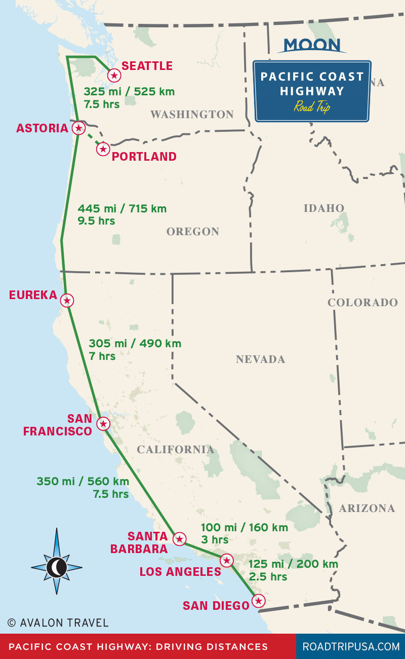 Pacific Coast Highway road trip driving distance map from California to Oregon and Washington