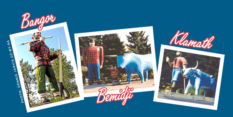 Three statues of Paul Bunyan around the US