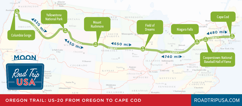 Oregon Trail travel map with Driving Distances between key sights