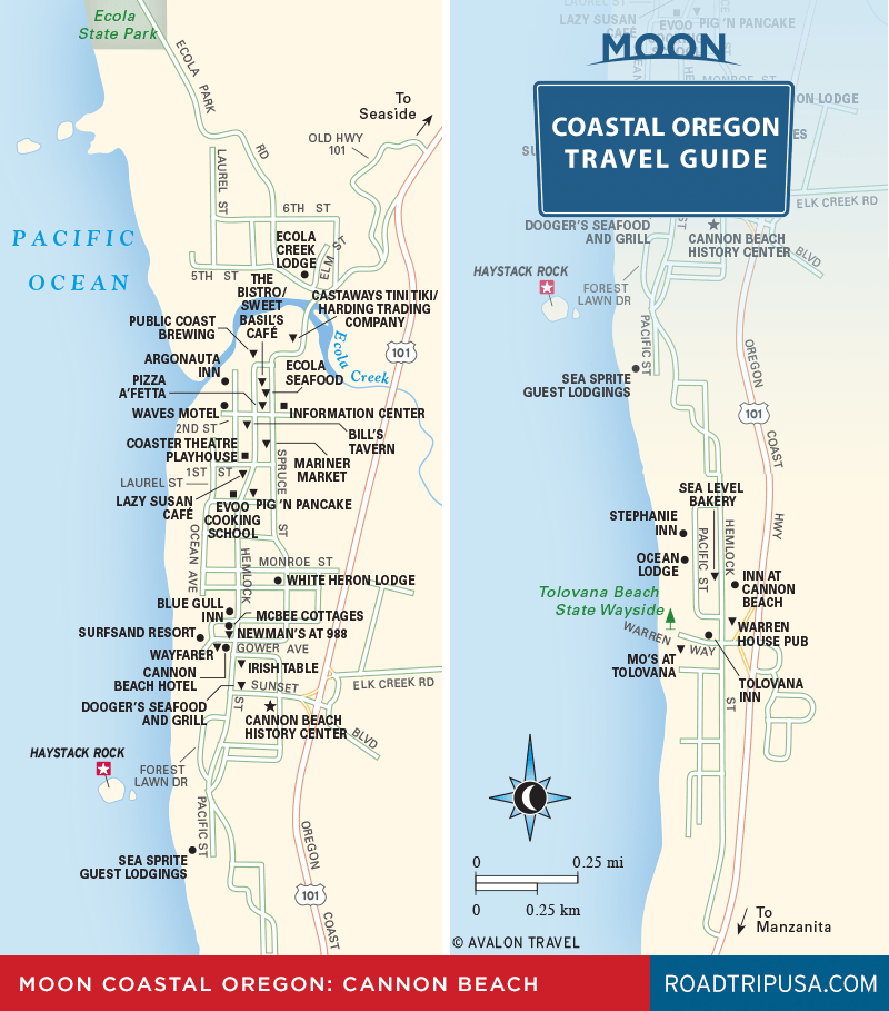 Travel map of Cannon Beach Oregon from Moon Coastal Oregon travel guide