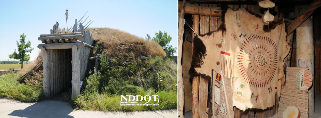 Exterior and interior of an Earthlodge built inside a mound of earth at Knife River Indian Villages.