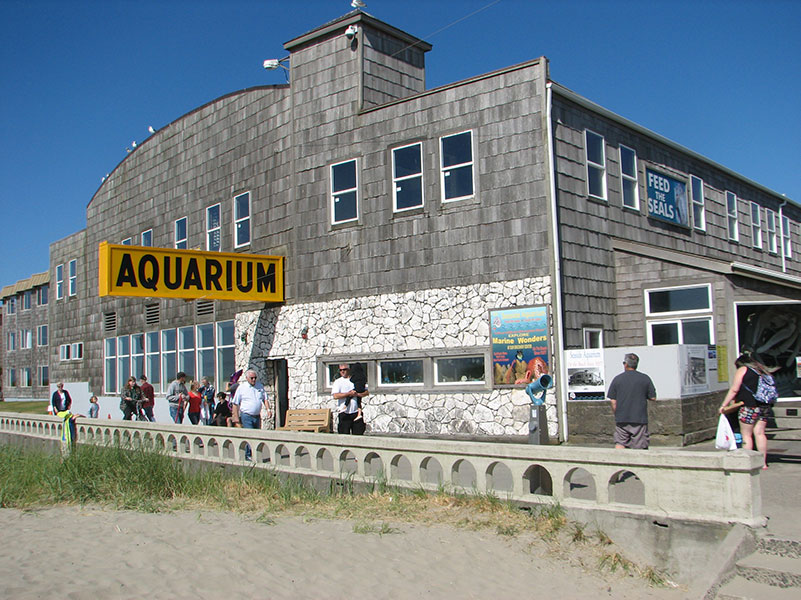 The wood-shingled exterior of the aquarium in Seaside, Oregon.
