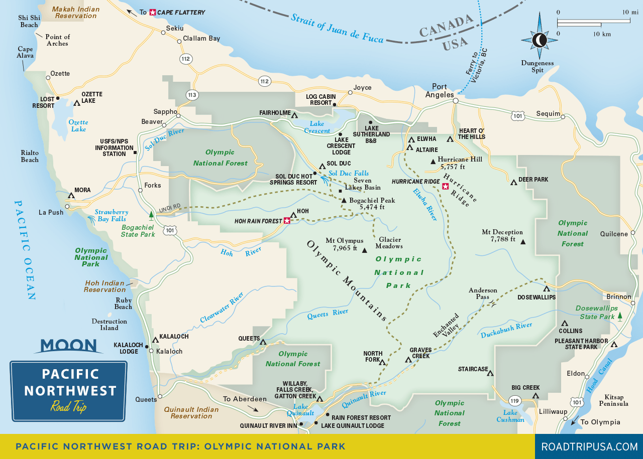 Travel map of Olympic National Park from Moon Pacific Northwest Road Trip.