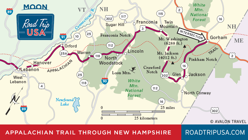Appalachian Trail Through New Hampshire map with best places to visit noted