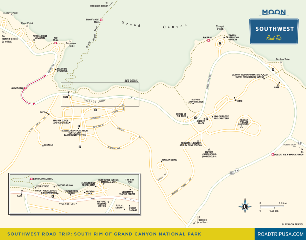 Travel map of the South Rim of the Grand Canyon from Moon Southwest Road Trip