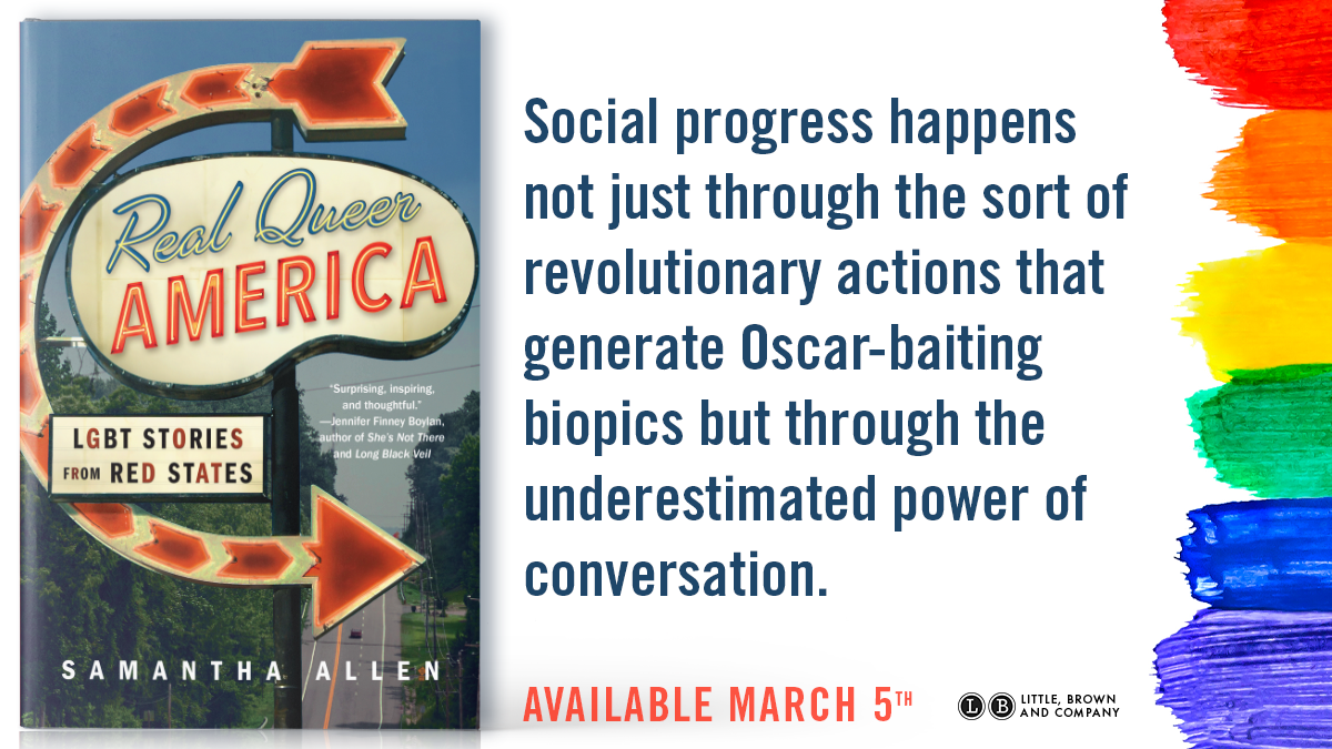 Sharable graphic with Real Queer America book and quote reading: Social progress happens not just through the sort of revolutionary actions that generate Oscar-baiting biopics but through the underestimated power of conversation.