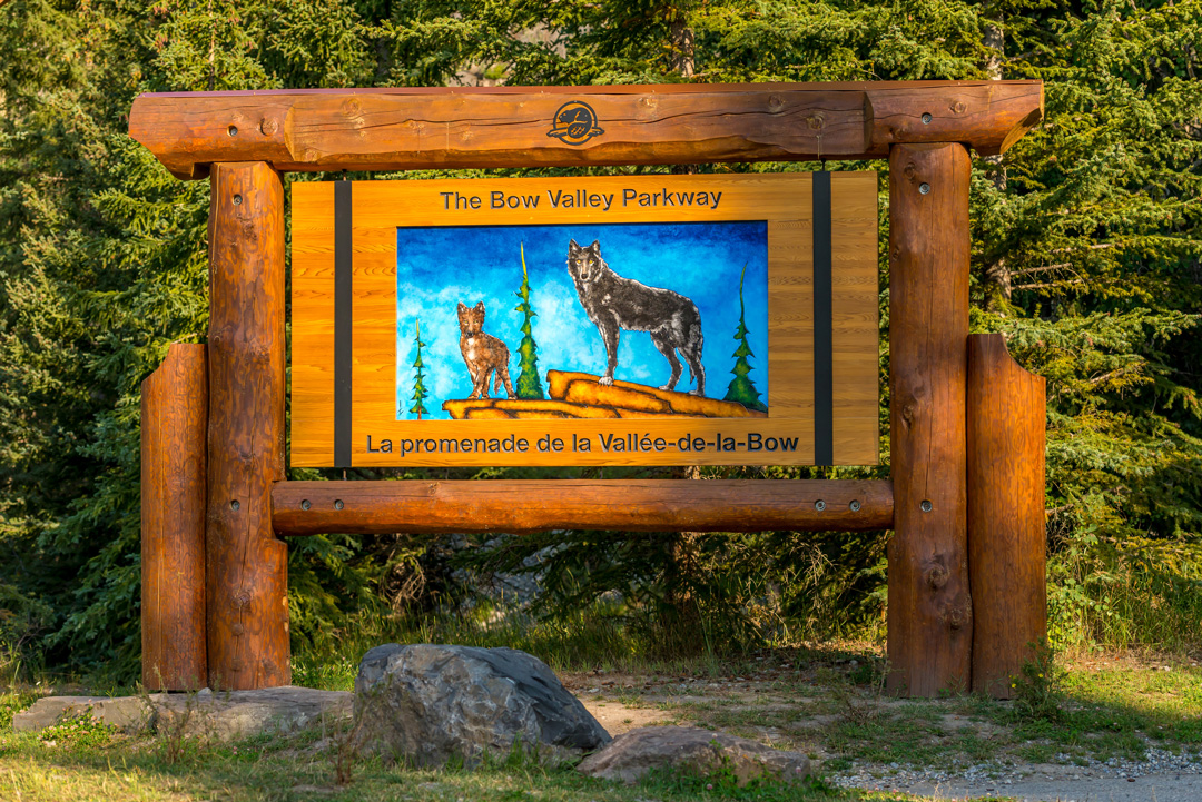 Bow Valley Parkway sign with an illustration of wolves