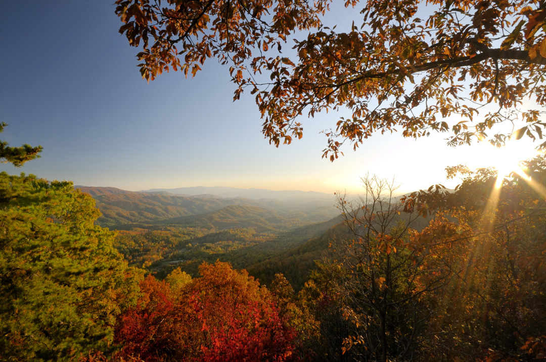 A colorful Autumn sunset view from the overlook below Look Rock on Foothills Parkway West near Great Smoky Mountains National Park