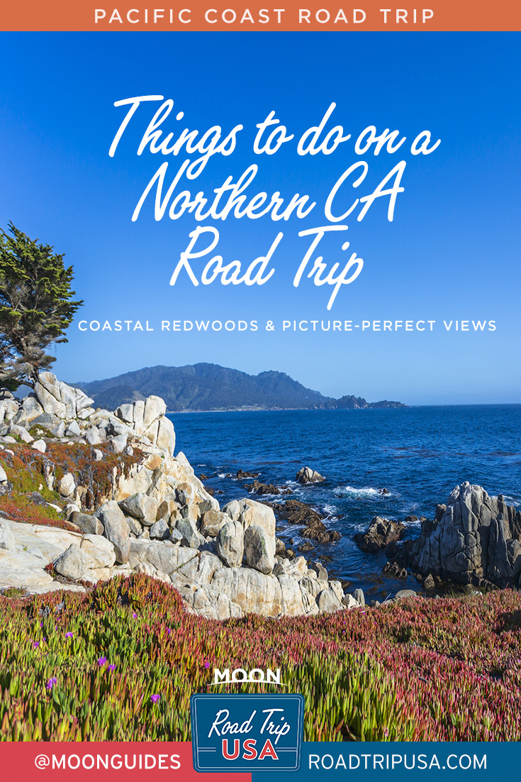 Photo of a pinterest graphic that reads: Things to do on a Northern CA Road trip with a background view of carmel's blue sky and water.