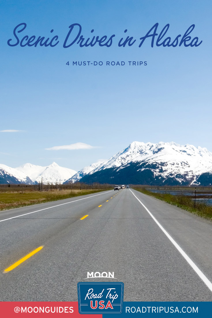 pinterest graphic showing alaskan landscape with overlaid texting reading scenic drives in alaska