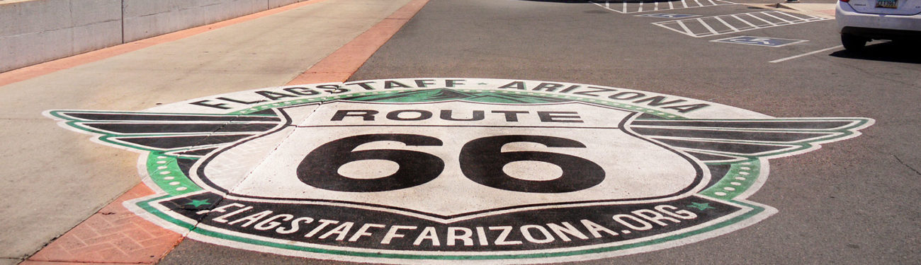 Route 66 marker painted on the road near the Flagstaff train station