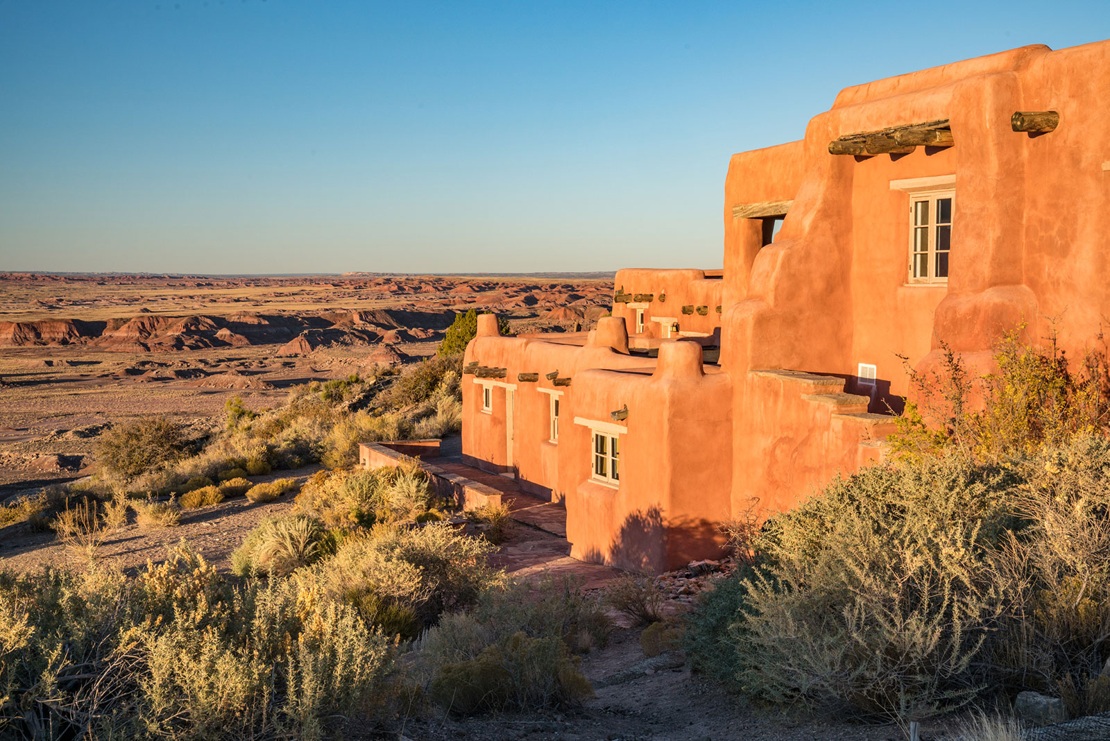 The stucco exterior of the Painted Desert Inn in Arizona's Petrified Forest National Park